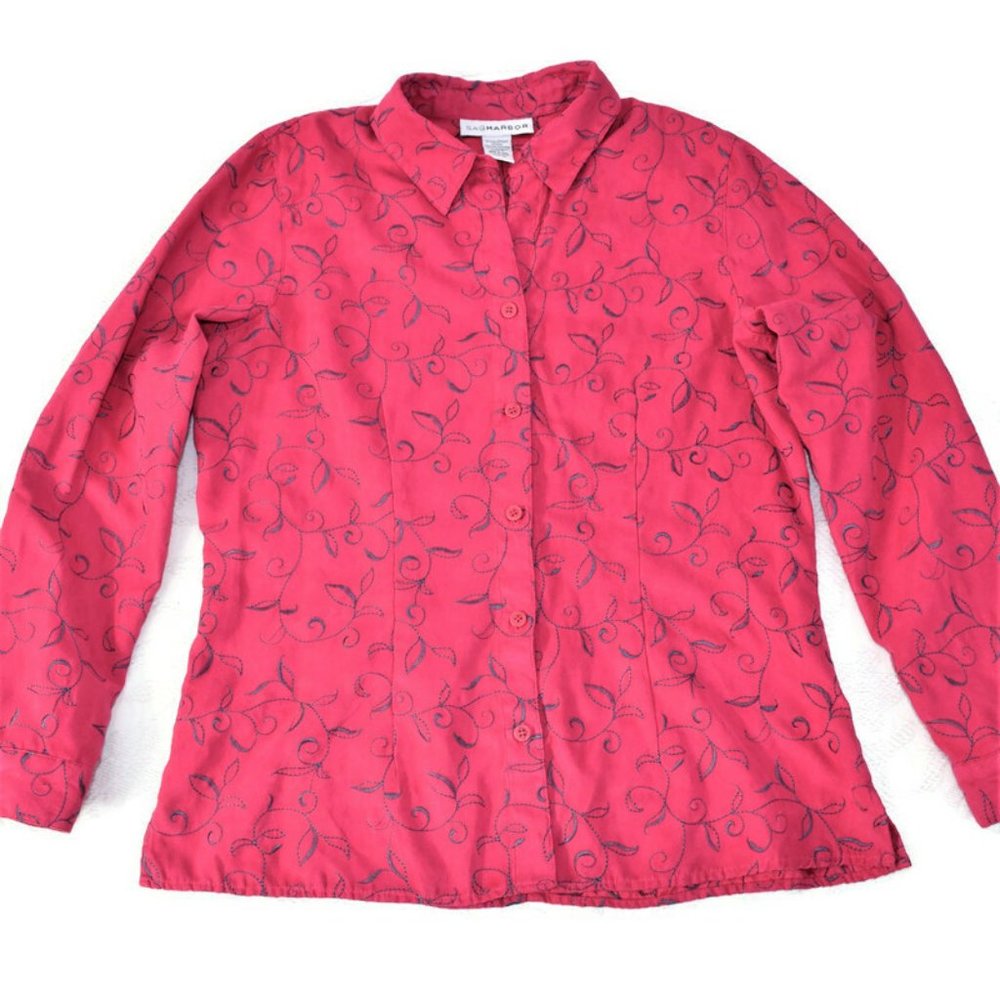 Sag Harbor Microfiber Button Jacket Collar Shirt Blouse Embroidered Hot Pink M